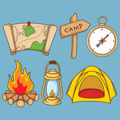 artwork illustration and T-shirt design compass campfire map and camping tent bundle vector	
