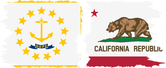 California and Rhode Island states grunge brush flags connection, vector