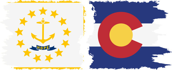 Colorado and Rhode Island states grunge brush flags connection, vector