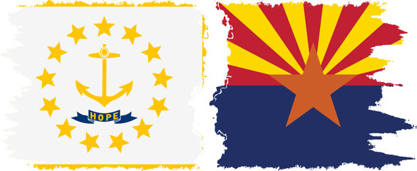 Arizona and Rhode Island states grunge brush flags connection, vector