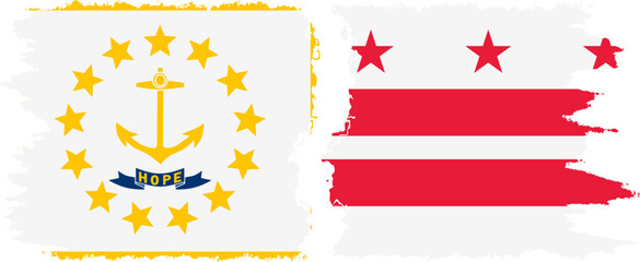 District of Columbia USA - Washington, DC and Rhode Island state grunge brush flags connection, vector