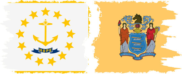 New Jersey and Rhode Island states grunge brush flags connection, vector