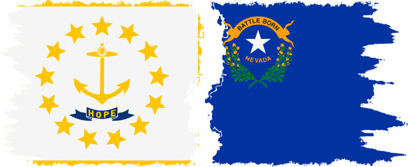 Nevada and Rhode Island states grunge brush flags connection, vector