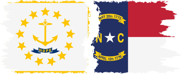 North Carolina and Rhode Island states grunge brush flags connection, vector