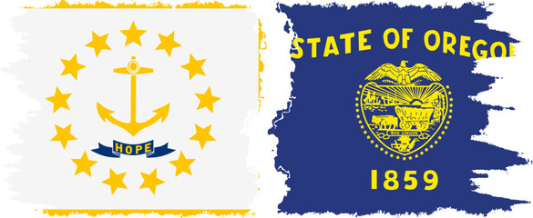 Oregon and Rhode Island states grunge brush flags connection, vector