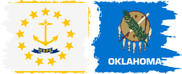 Oklahoma and Rhode Island states grunge brush flags connection, vector