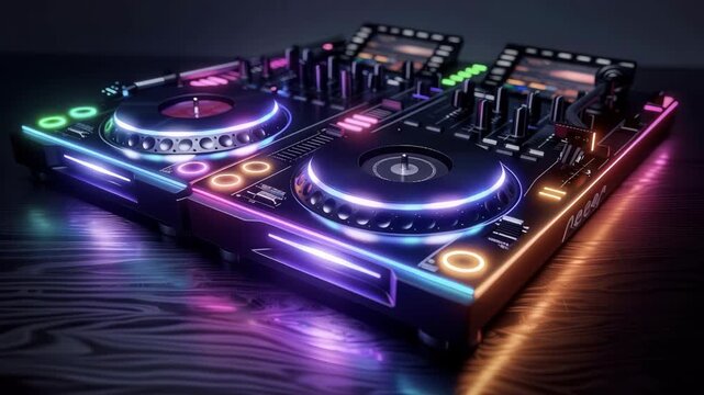 Digital 3D DJ turntable with neon lights, 3D background music, energetic and innovative