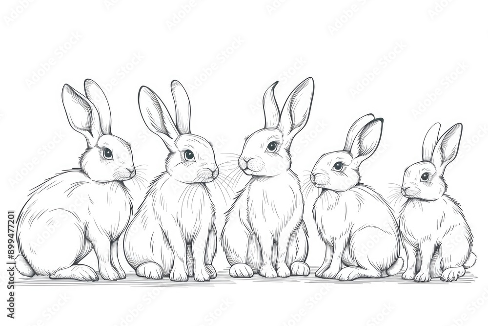 Poster easter rabbit continuous line drawing set vector illustration.