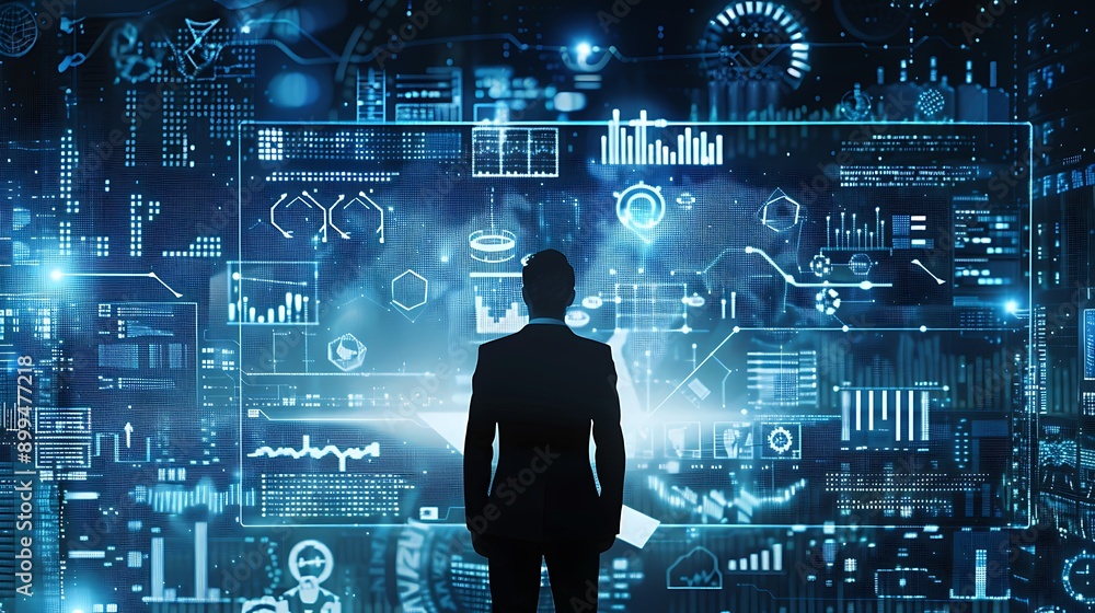 Poster businessman stands in front of a futuristic technology interface with data and information for the c