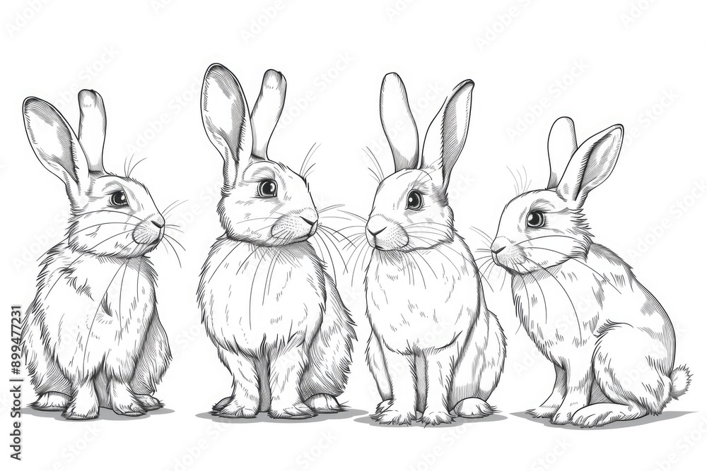 Poster easter rabbit continuous line drawing set vector illustration.