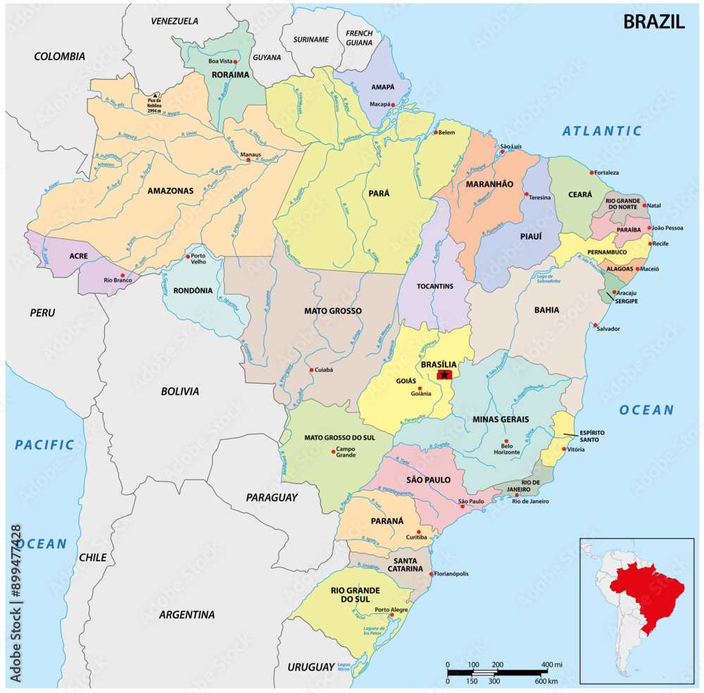 Wall mural administrative and river map of the south american state of brazil