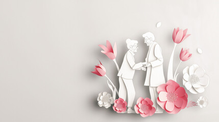 Elegant paper-cut illustration of two elderly people with flowers, commemorating Senior Citizens Day.
