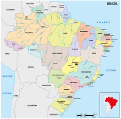 Administrative and river map of the South American state of Brazil