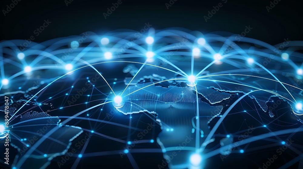 Poster global network connection with digital connections and data flows worldwide.