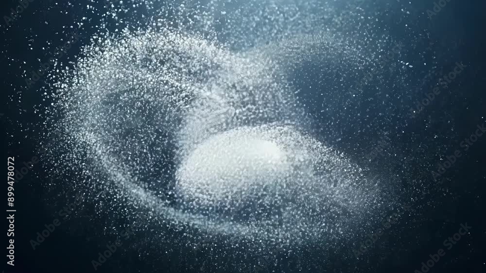 Poster dazzling silver microparticles swirling and merging to form abstract shapes.