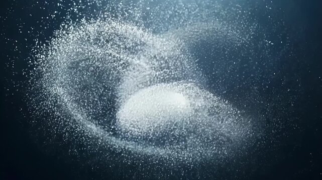 Dazzling silver microparticles swirling and merging to form abstract shapes.