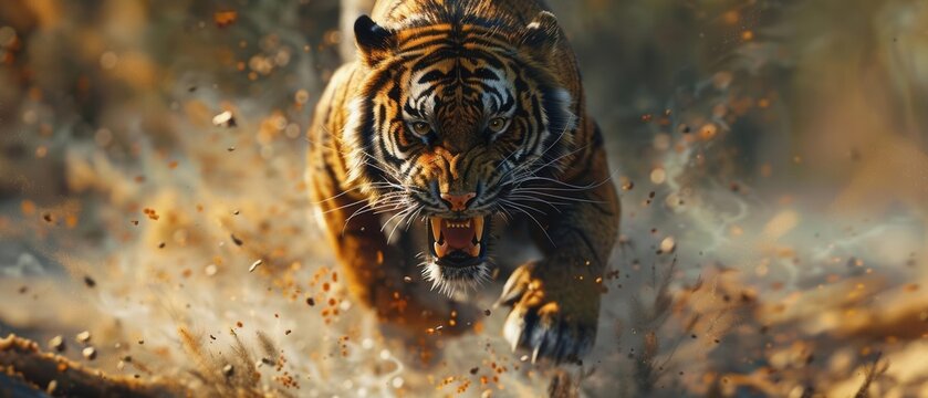 Slow-motion capture of a tiger attacking prey, powerful leap, fierce expression, AI-generated, dramatic and vivid
