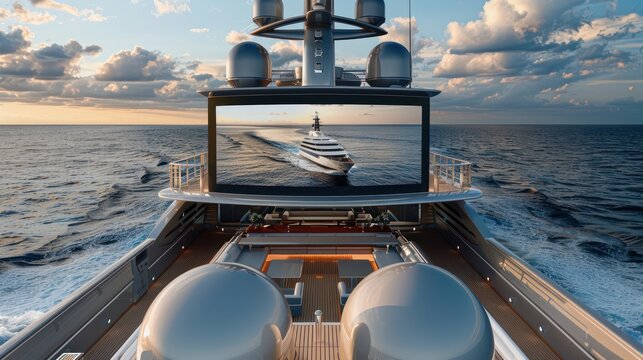 luxury yacht equipped with virtual meeting facilities, sailing with a backdrop of the open sea on screens