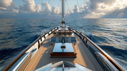 luxury yacht equipped with virtual meeting facilities, sailing with a backdrop of the open sea on screens