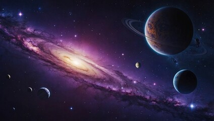 Purple galaxy wallpaper with stars and planets, offering a visually captivating cosmic scene