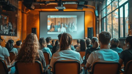 A group of people are sitting in a room watching a screen