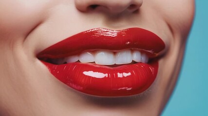 Close-up of a pair of glossy red lips slightly parted, exuding a sense of sensuality and allure. The image highlights the vibrant color and smooth texture, capturing the essence of beauty and desire