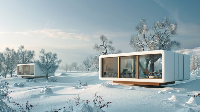 minimalist and eco-friendly office set in a snow-covered landscape, with large windows and a focus on sustainable living
