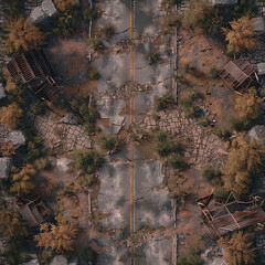 Post Apocalyptic  Top view Battle Map  for RPG ,Map for Dungeons and Dragons,DnD map, Tabletop Role-Playing Games, Adventure Game Background, Top-Down View