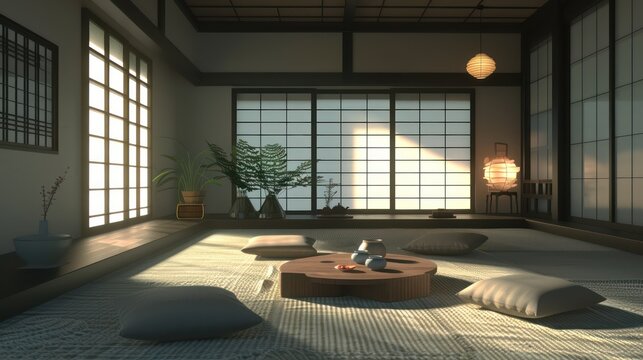 minimalist Japanese tea room adapted for serene virtual meetings, with traditional decor and digital zen elements