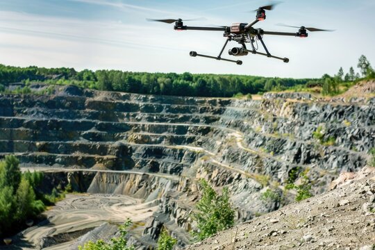 Uav drone copter flying with digital camera above opencast mining quarry.