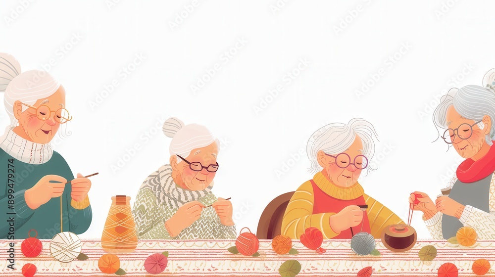 Aufkleber Elderly individuals are actively participating in a crafting workshop, focusing on knitting and sewing while sharing knowledge and skills with one another. Generative AI