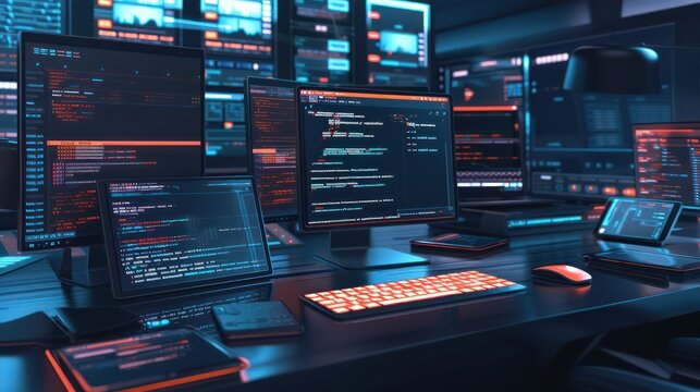 mobile tech developer's workspace with virtual testing environments and device simulations on floating screens