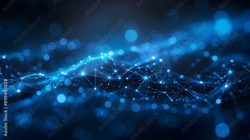 Poster abstract digital network on dark background with glowing lines and nodes symbolizing business commun