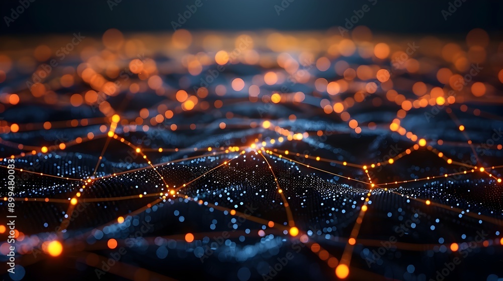 Poster abstract digital network on dark background with glowing lines and nodes symbolizing business commun