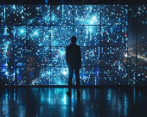 Silhouetted Businessman Overlooking Futuristic Digital Data Network in City Skyline
