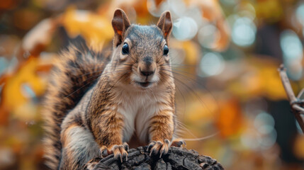 Close-up of a curious squirrel perched on a branch in an autumn forest with colorful leaves in the background.