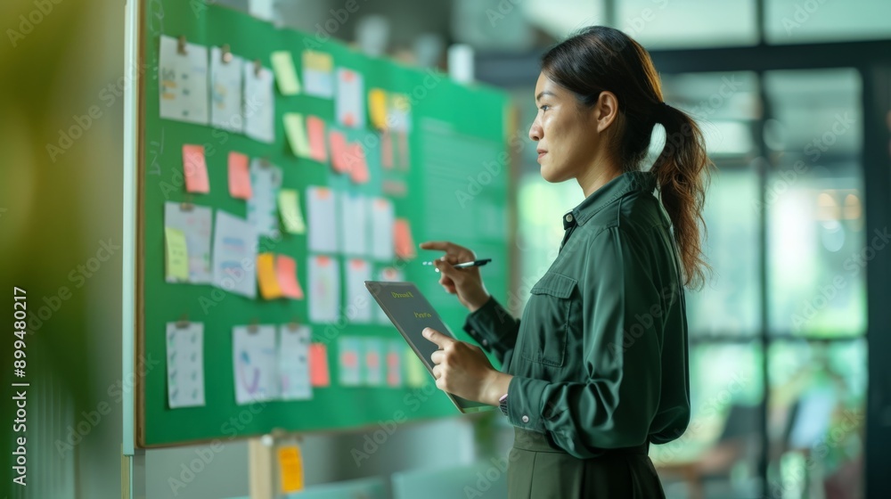 Poster Woman using a tablet to organize sticky notes on a green board in a modern office. Creative brainstorming and planning session for project management.
