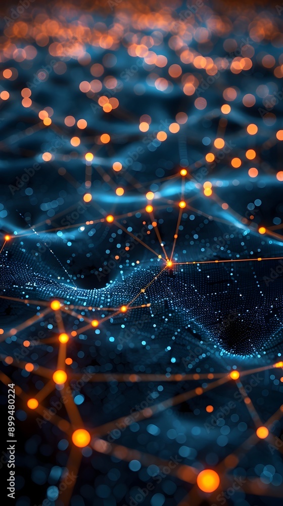 Poster abstract digital connections and network nodes on dark background showcasing modern technology conce