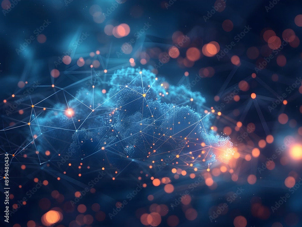 Poster futuristic digital cloud network with interconnected business icons symbolizing advanced communicati