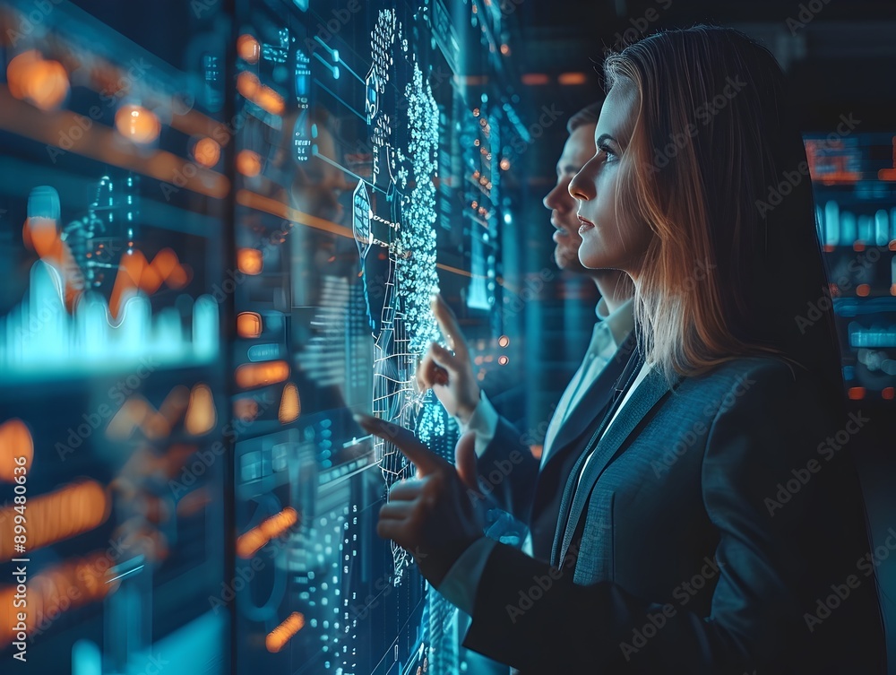 Aufkleber businesspeople utilizing holographic screens for digital networking in a high tech office environmen