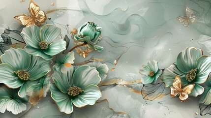 3d wallpaper abstract floral background with green flowers and golden butterfly mural for interior home