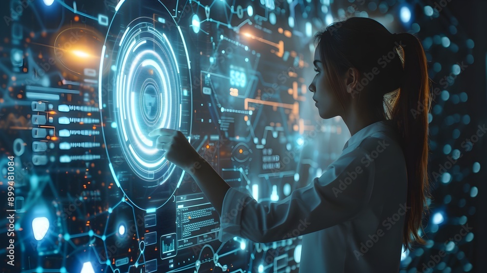 Aufkleber businesswoman interacting with augmented reality interface for digital networking and communication 