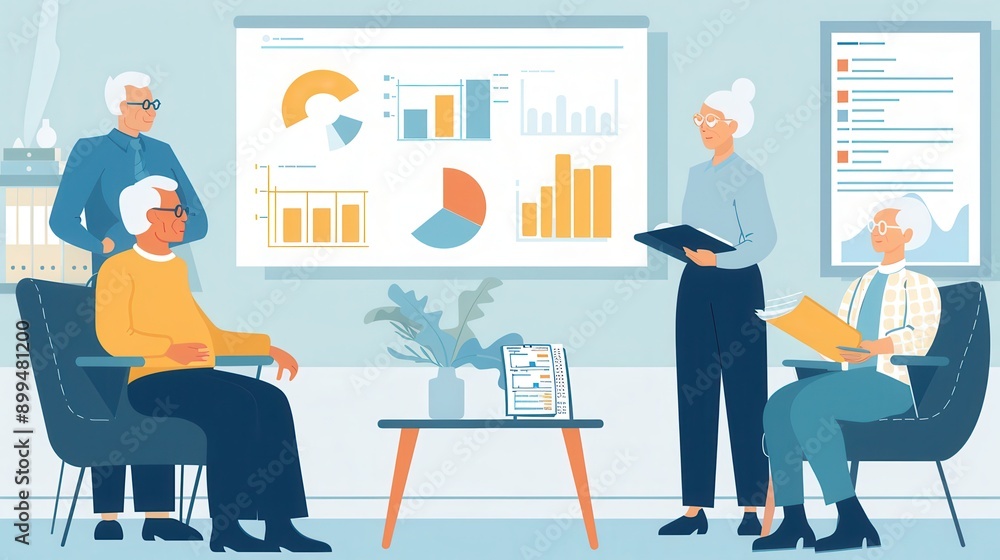 Leinwandbilder a group of elderly people is collaboratively discussing various charts and data in a contemporary of