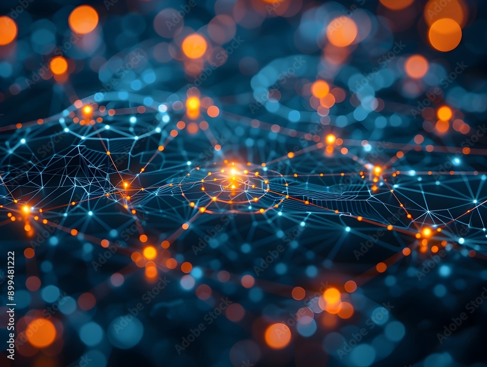 Poster futuristic digital cloud network with interconnected business icons representing technology networki