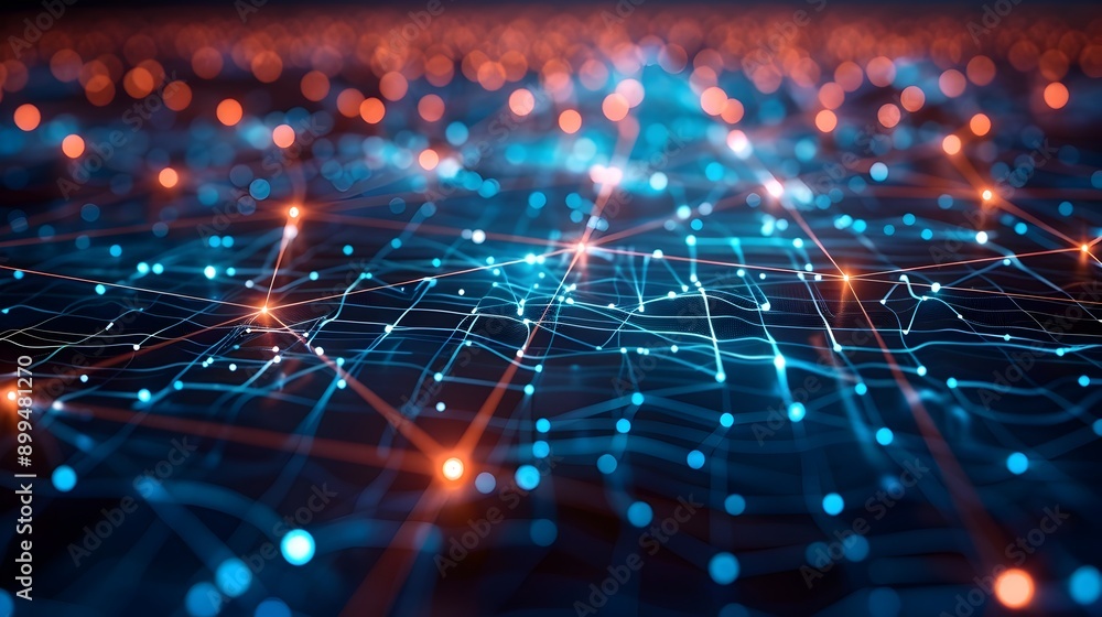 Poster glowing digital network on dark background with lines and nodes business communication technology co