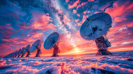 Satellite array observing the milky way at sunset