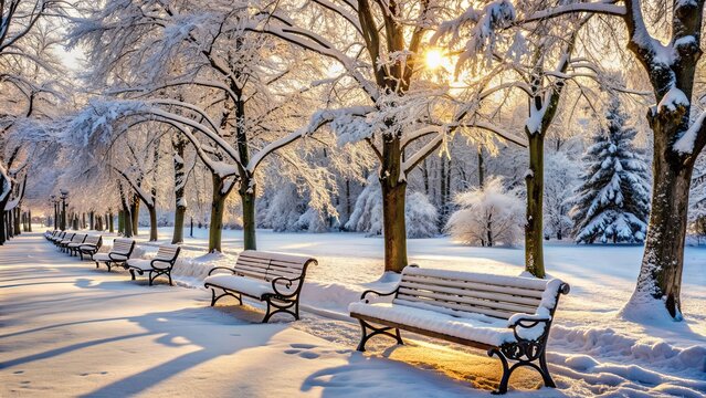 Winter in the park with snowy trees, frost-covered benches, and a peaceful atmosphere , snow, trees, park, winter, frost, bench