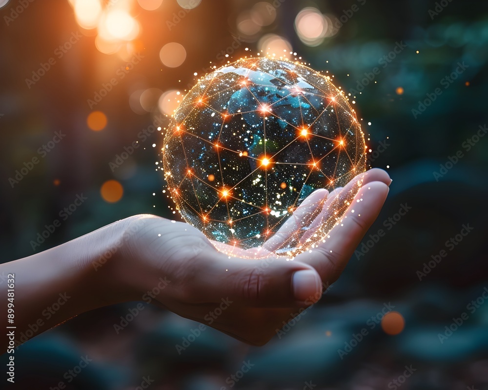 Poster glowing digital network sphere in hand representing global business communication and high tech conc