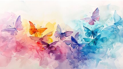 Watercolor of colorful butterflies in flight , butterflies, watercolor,vibrant, colors, dreamy, soft hues, peaceful, whimsical, design, artistic, delicate, wings, nature, insects, beauty 