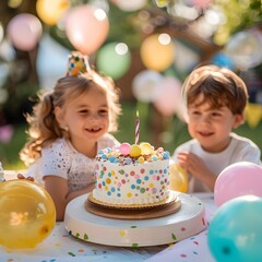 Joyful Kids Having Fun at a Birthday Party with Cake and Balloons